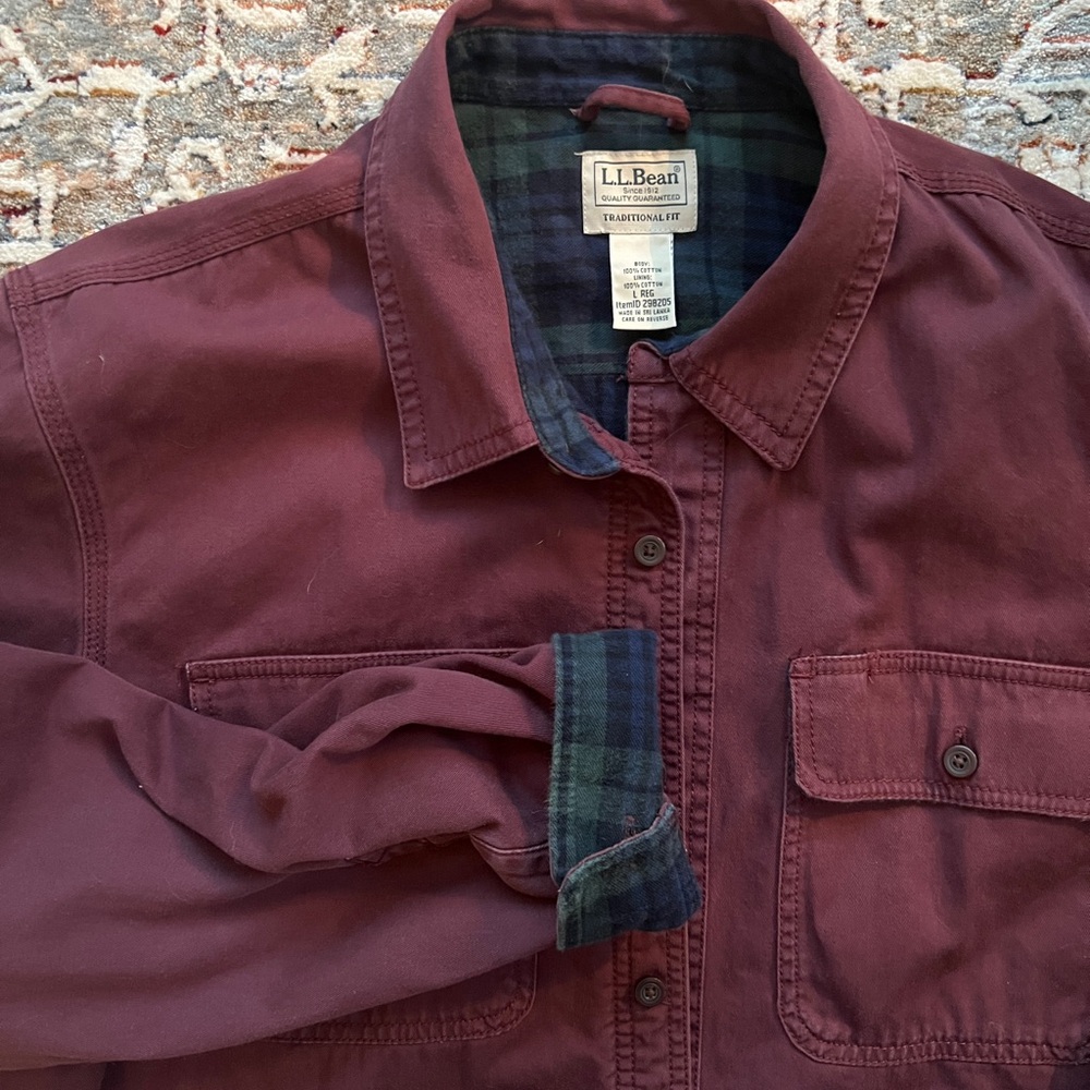 L.L. Bean Men's Burgundy and Green Flannel Jacket